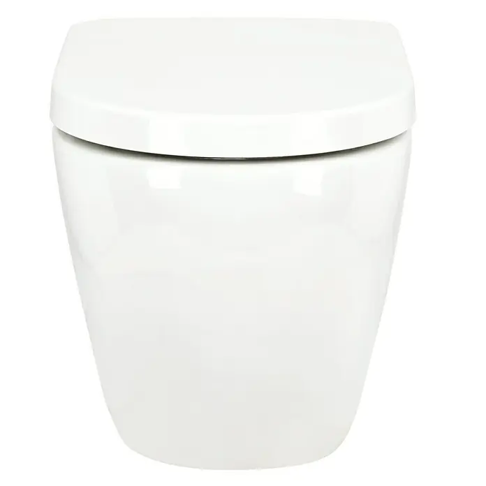 Camargue Wand-WC-Set Plus 50 2.0 - Spülrandlos, Ohne Spezialglasur, Spülform: Tief, WC Abgang: Waagerecht, Weiß - Nahaufnahme einer modernen, weißen Toilette mit klaren Linien und minimalistischem Design. Die glatte Oberfläche reflektiert das Licht elegant.