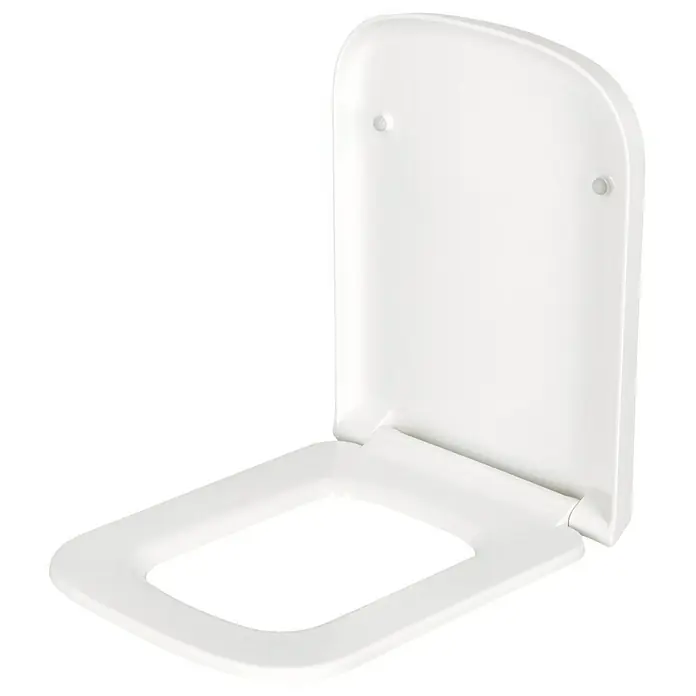 Camargue Los Angeles WC-Sitz - Duroplast, Weiß, Mit Absenkautomatik - Ein weißer Toilettensitz mit einem rechteckigen Loch in der Mitte und einem Deckel, der leicht geöffnet ist.