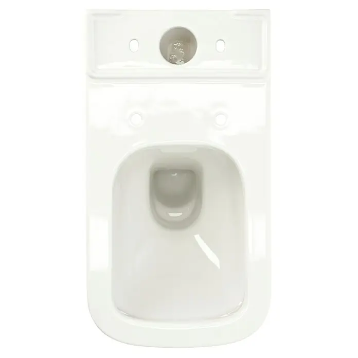 Camargue Los Angeles Stand-WC für Kombination - Spülrandlos, Ohne Spezialglasur, Spülform: Tief, WC Abgang: Waagerecht, Weiß, Ohne Porzellan-Spülkasten - Nahaufnahme einer weißen Toilette mit glänzender Oberfläche. Sanitärobjekt mit klarem, modernem Design.