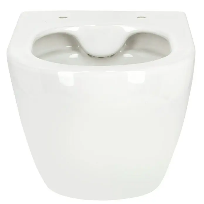 Camargue Pico Wand-WC 2.0 - Spülrandlos, Ohne Spezialglasur, Spülform: Tief, WC Abgang: Waagerecht, Weiß - Frontansicht einer weißen wandmontierten Toilette, die ein sauberes und modernes Badezimmerdesign mit ihrer glatten Oberfläche präsentiert.