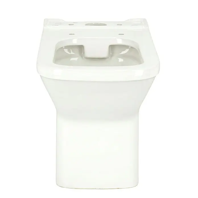 Camargue Los Angeles Stand-WC für Kombination - Spülrandlos, Ohne Spezialglasur, Spülform: Tief, WC Abgang: Waagerecht, Weiß, Ohne Porzellan-Spülkasten - Nahaufnahme einer weißen Toilette mit einem rechteckigen Becken und einer glatten Oberfläche. Das Design ist modern und minimalistisch.