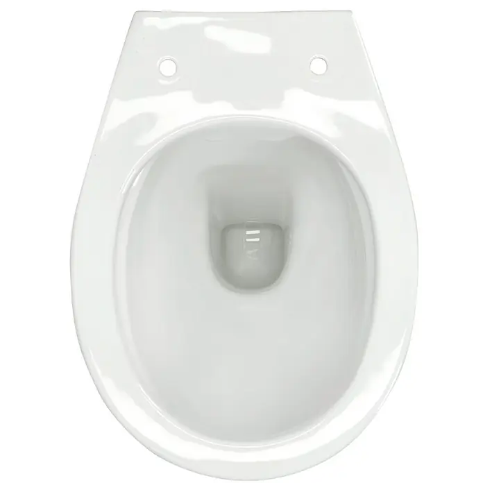 Camargue Stand-WC-Set Plus 75 2.0 - Spülrandlos, Ohne Spezialglasur, Spülform: Tief, WC Abgang: Waagerecht, Weiß - Draufsicht auf eine weisse Keramik Toilette mit ovaler Öffnung, ideal für jedes Badezimmer.