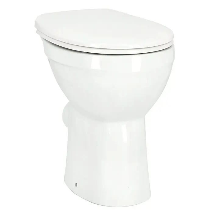 Camargue Stand-WC-Set Plus 75 2.0 - Spülrandlos, Ohne Spezialglasur, Spülform: Tief, WC Abgang: Waagerecht, Weiß - Nahaufnahme einer weißen Toilette mit geschlossenem Deckel, ideal für moderne Badezimmer.