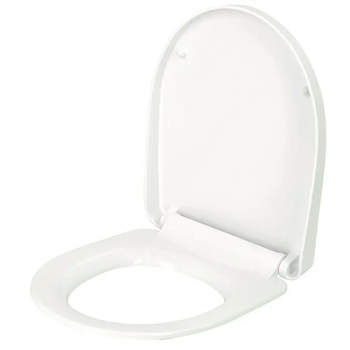 Camargue New York WC-Sitz 2.0 - Duroplast, Weiß, Mit Absenkautomatik - Nahaufnahme eines weißen Toilettensitzes mit geöffnetem Deckel, der ein sauberes und hygienisches Badezimmerprodukt zeigt.