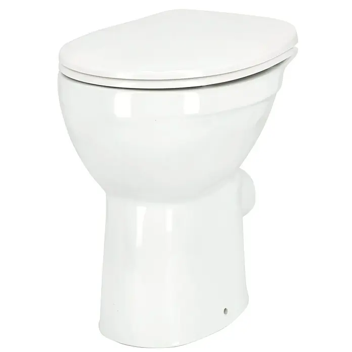 Camargue Stand-WC-Set Plus 75 2.0 - Spülrandlos, Ohne Spezialglasur, Spülform: Tief, WC Abgang: Waagerecht, Weiß - Weisse Keramiktoilette mit geschlossenem Deckel, ideal für moderne Badezimmer und einfache Reinigung.