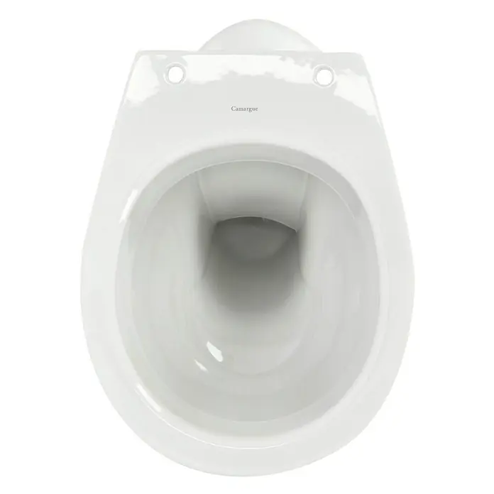Camargue Sydney Stand-WC - Mit Spülrand, Ohne Spezialglasur, Spülform: Tief, WC Abgang: Senkrecht, Weiß - Nahaufnahme einer Camargue-Toilette in Weiß. Das Bild zeigt die Sanitärkeramik aus der Vogelperspektive, die die elegante Gestaltung hervorhebt.