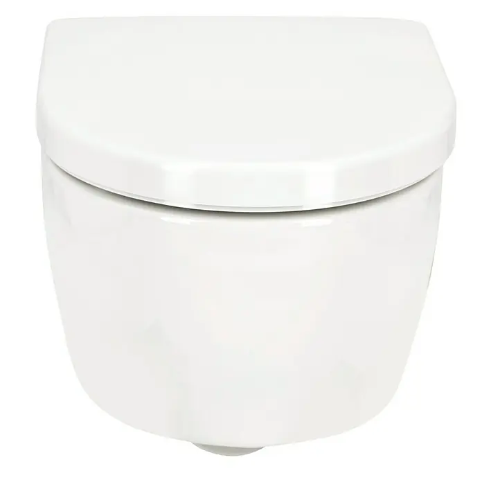 Geberit iCon Wand-WC-Set XS - Spülrandlos, Ohne Spezialglasur, Spülform: Tief, WC Abgang: Waagerecht, Weiß - Nahaufnahme einer weißen, wandhängenden Toilette mit geschlossenem Deckel, ideal für moderne Badezimmerdesigns.