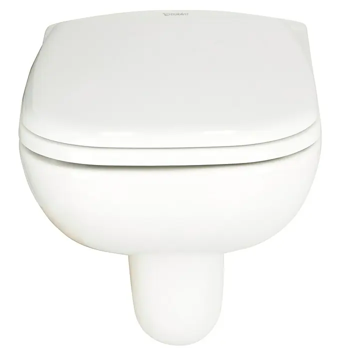 Duravit D-Code Wand-WC-Set - Spülrandlos, Ohne Spezialglasur, Spülform: Tief, WC Abgang: Waagerecht, Weiß - Bild einer Duravit Wand-Toilette mit geschlossenem Deckel, die eine elegante und platzsparende Badezimmerlösung darstellt.
