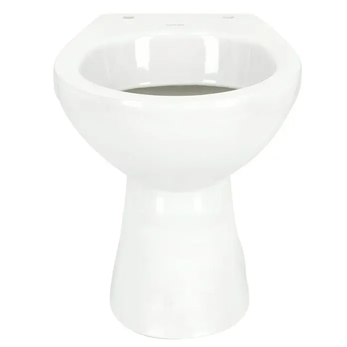 Camargue Sydney Stand-WC - Mit Spülrand, Ohne Spezialglasur, Spülform: Tief, WC Abgang: Senkrecht, Weiß - Nahaufnahme eines weißen Stand-WCs. Das Design ist schlicht und modern, perfekt für jedes Badezimmer.