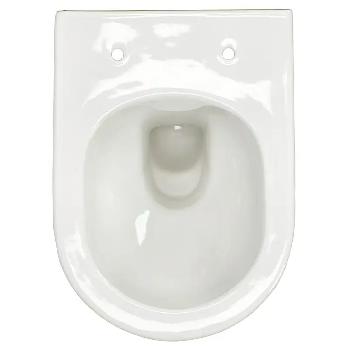 Camargue Pico Wand-WC 2.0 - Spülrandlos, Ohne Spezialglasur, Spülform: Tief, WC Abgang: Waagerecht, Weiß - Ein helles, keramikweißes wandhängendes WC mit zwei Montagelöchern und einer ovalen Öffnung.