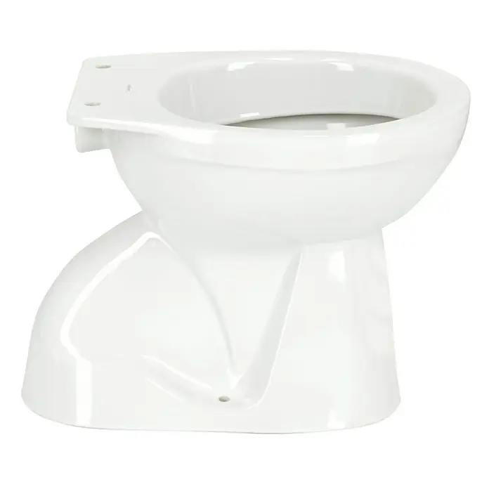 Camargue Sydney Stand-WC - Mit Spülrand, Ohne Spezialglasur, Spülform: Tief, WC Abgang: Senkrecht, Weiß - Nahaufnahme einer weißen Toilette, die elegantes Design und Sanitärfunktionalität vereint.
