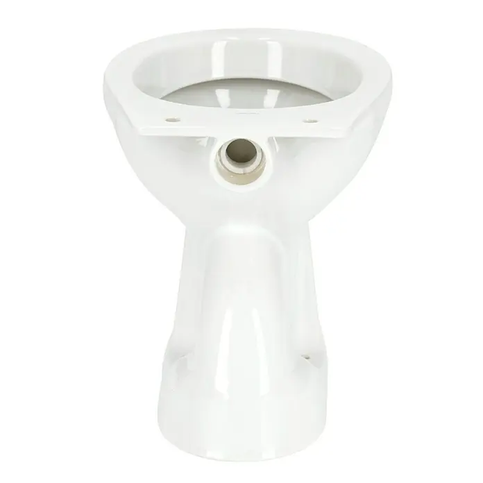 Camargue Sydney Stand-WC - Mit Spülrand, Ohne Spezialglasur, Spülform: Tief, WC Abgang: Senkrecht, Weiß - Nahaufnahme einer strahlend weißen, wandhängenden Toilette, die modernes Design und Sauberkeit ausstrahlt. Perfekt für jedes Badezimmer.