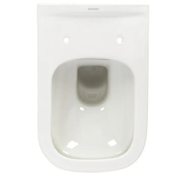 Duravit D-Code Wand-WC-Set - Spülrandlos, Ohne Spezialglasur, Spülform: Tief, WC Abgang: Waagerecht, Weiß - Nahaufnahme einer weißen Duravit Toilette, die ein modernes und minimalistisches Design aufweist. Ideal für jedes Badezimmer.