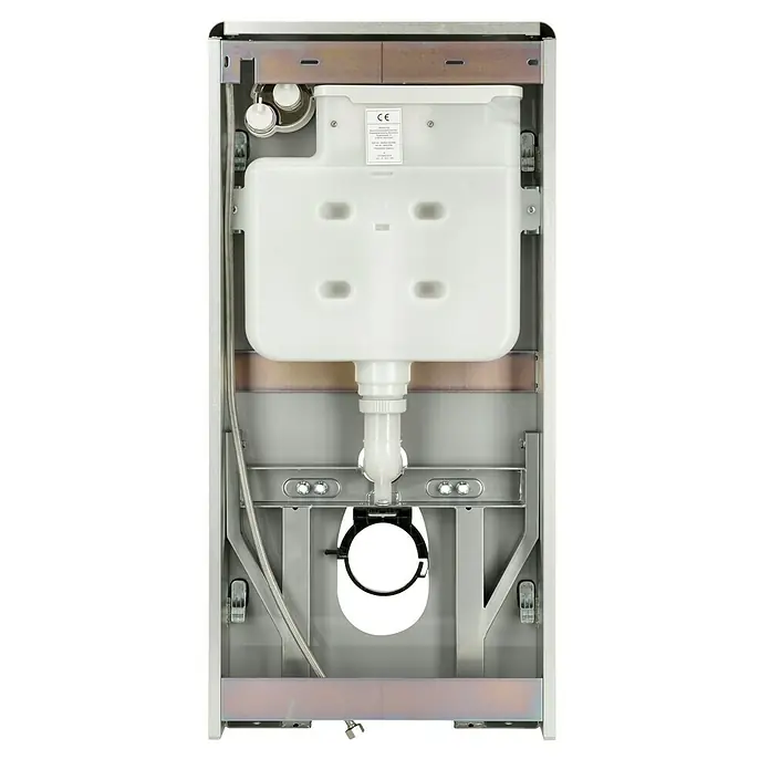 Camargue Cisterna de WC empotrada Cristal - Volumen de descarga: 3 l - 6 l, 2 descargas, 10,8 x 48,3 x 100 cm, Blanco - Vista interior de una cisterna de inodoro empotrada ensamblada, con un tanque blanco y varias piezas de conexión.