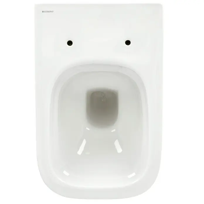 Geberit Smyle Square Wand-WC-Set - Spülrandlos, Ohne Spezialglasur, Spülform: Tief, WC Abgang: Waagerecht, Weiß - Nahaufnahme einer weißen Geberit Keramag Renova Plan Tiefspül-WC für ein sauberes und modernes Badezimmer.