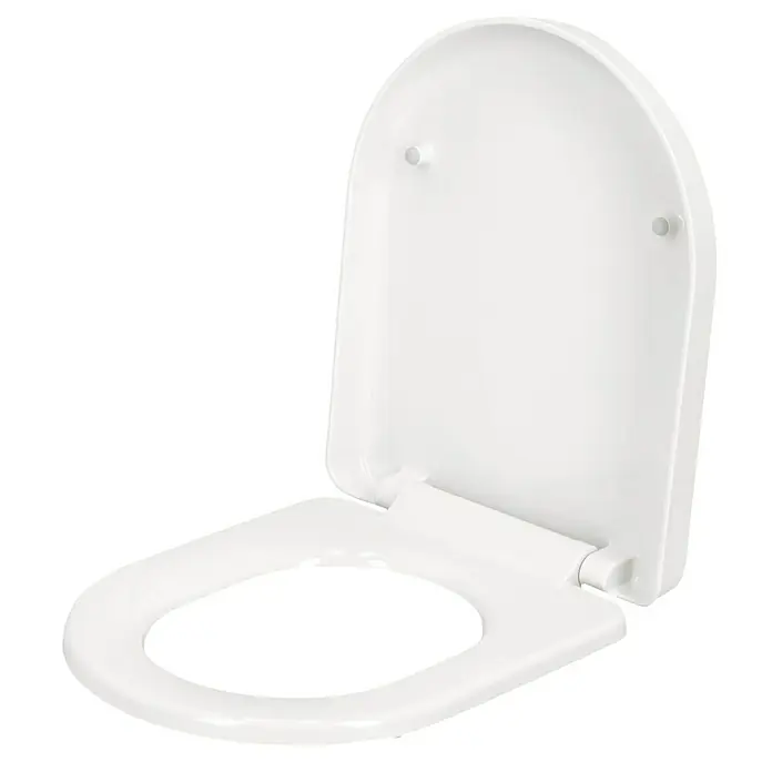 Camargue WC-Sitz Plus 50 2.0 - Duroplast, Weiß, Mit Absenkautomatik - Weißer Toilettensitz mit Deckel auf schwarzem Hintergrund. Der Toilettensitz ist aus Kunststoff und hat eine ovale Form.
