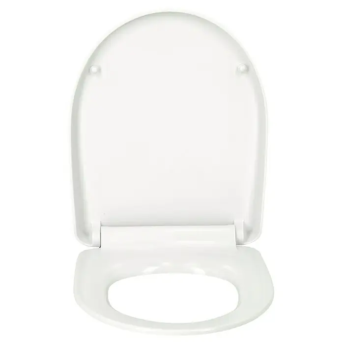Camargue New York WC-Sitz 2.0 - Duroplast, Weiß, Mit Absenkautomatik - Eine Nahaufnahme eines weißen Toilettensitzes und -deckels.