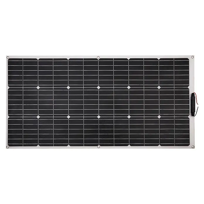 Technaxx Solarmodul flexibel TX-208 - Max. Leistung: 100 W, 0,3 x 108 x 53,5 cm - Solarpanel mit schwarzem Zellenmuster und weißem Rahmen. Das Panel hat mehrere Zellen und eine Anschlussdose an der Seite.
