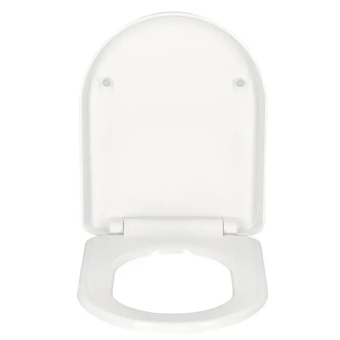 Camargue WC-Sitz Plus 50 2.0 - Duroplast, Weiß, Mit Absenkautomatik - Weißer Toilettensitz aus Kunststoff mit ovaler Öffnung und Deckel. Das Bild zeigt einen Toilettensitz mit offenem Deckel.