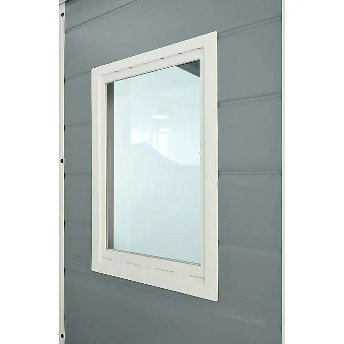 Keter Caseta para jardín Manor 4x6 - Medidas ext. (An x Pr): 130 x 192 cm, Plástico, Antracita/Blanco - Vista detallada de una ventana con marco blanco en una pared de madera gris que permite la entrada de luz natural en la habitación.
