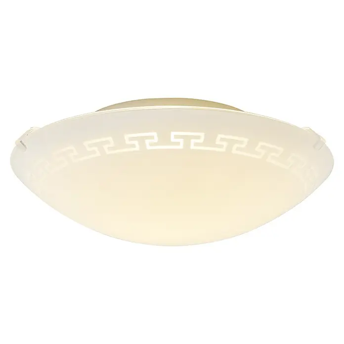 Plafón LED Bonn - 20 W, L x An x Al: 25 x 25 x 8 cm, Blanco, Blanco neutro - Primer plano de una lámpara de techo color crema con un patrón geométrico, que emana una iluminación suave y difusa.
