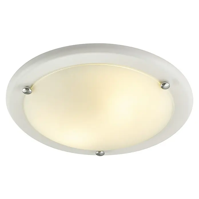 Plafón LED redondo Ice - 20 W, Ø x Al: 31 x 8 cm, Blanco, Blanco neutro - Primer plano de una lámpara de techo redonda con difusor de vidrio esmerilado y marco blanco, sujeta con pomos plateados.