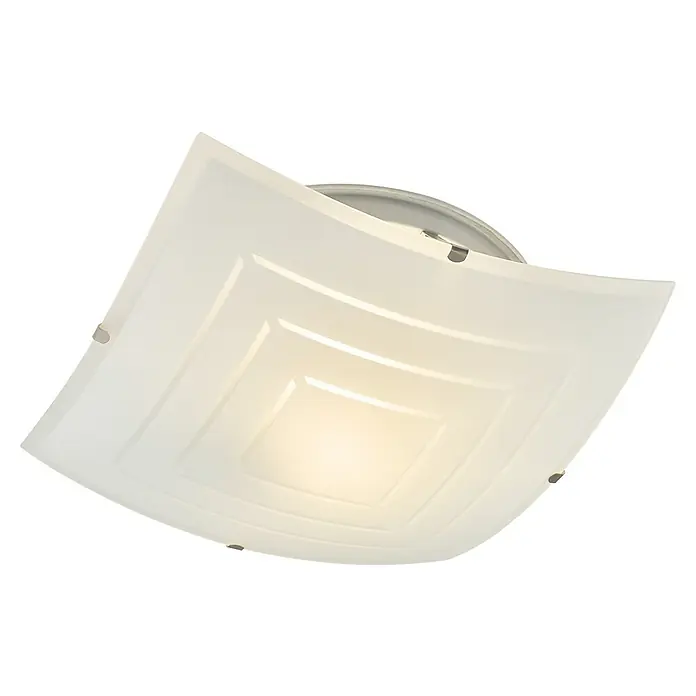 Plafón LED Plutón - 20 W, L x An x Al: 30 x 30 x 12 cm, Blanco, Blanco neutro - Primer plano de una lámpara de techo cuadrada con un diseño anidado y luz suave y cálida sobre un fondo negro.