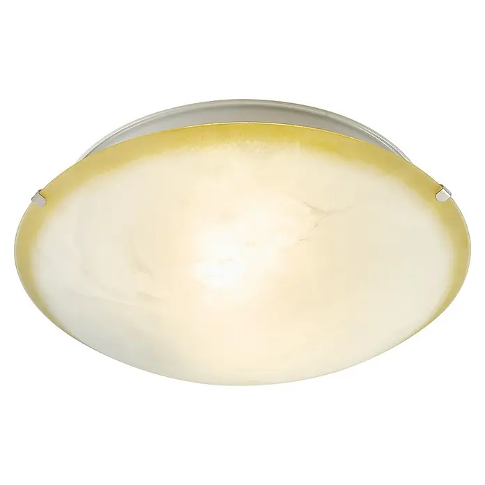 Plafón LED Duna - 20 W, L x An x Al: 30 x 30 x 12 cm, Marrón, Blanco neutro - Primer plano de una lámpara de techo moderna con cristal ámbar y detalles metálicos, que irradia una luz cálida y acogedora.