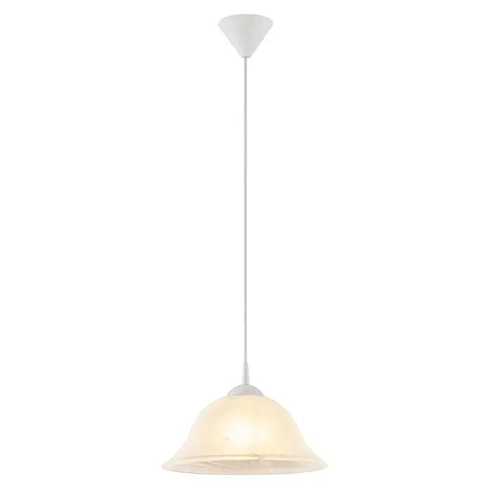 Lámpara colgante redonda Alabastro - 20 W, Ø x Al: 300 mm x 13 cm, Blanco, E27 - Primer plano de una lámpara colgante blanca, que emite una luz suave y cálida y destaca su diseño limpio. Iluminación elegante para cualquier estancia.