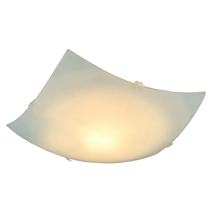 Plafón LED Colonia - 20 W, L x An x Al: 25 x 25 x 8 cm, Blanco, Blanco neutro - Primer plano de una lámpara de techo cuadrada y curva con una pantalla de cristal esmerilado, que emite una luz suave y difusa.