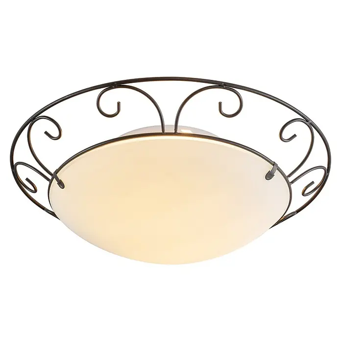 Plafón redondo Dundee - 40 W, Ø x Al: 300 mm x 7 cm, Marrón, E27 - Elegante lámpara de techo con marco de metal ornamentado y difusor de luz suave, un toque de estilo para cualquier habitación.