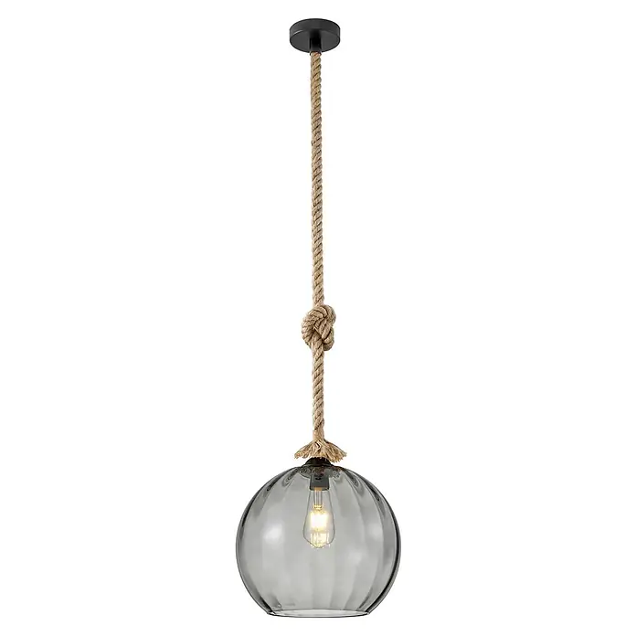 Lámpara colgante redonda Brenda - 40 W, Ø x Al: 30 x 27 cm, Negro, E27 - Una lámpara colgante con pantalla de vidrio gris suspendida de una cuerda con detalle de nudo cuelga de un soporte de techo negro.