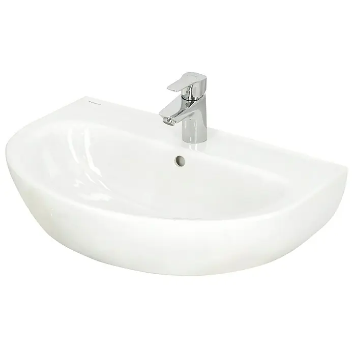 Geberit Renova Waschtisch-Set - 60 x 48 cm, Ohne Spezialglasur, Hahnloch: Mitte, Mit Überlauf, Weiß - Elegantes Aufsatzwaschbecken mit modernem Chrom-Wasserhahn. Das weiße Keramikbecken besticht durch sein minimalistisches Design und seine hochwertige Verarbeitung.