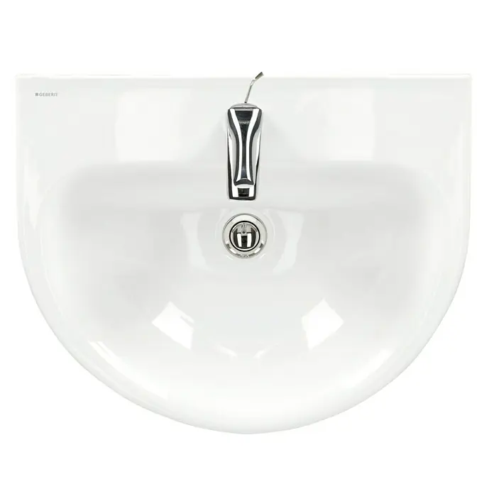 Geberit Renova Waschtisch-Set - 60 x 48 cm, Ohne Spezialglasur, Hahnloch: Mitte, Mit Überlauf, Weiß - Ansicht eines Geberit Waschtischs mit einem modernen Wasserhahn und einem sauberen, minimalistischen Design, ideal für moderne Badezimmer.