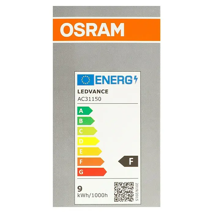 Osram LED-Lampen Set Glühlampenform E27 matt - E27, Nicht Dimmbar, Warmweiß, 806 lm, 9 W, 3 Stk. - Etikett der OSRAM LEDVANCE AC31150 Lampe. Energieeffizienzklasse F, Stromverbrauch 9 kWh/1000h.
