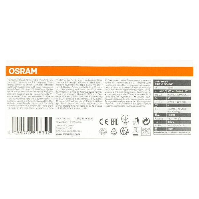 Osram LED-Leuchtmittel PAR16 (3 Stk., 3,6 W, GU10, Warmweiß, Energieeffizienzklasse: A+)