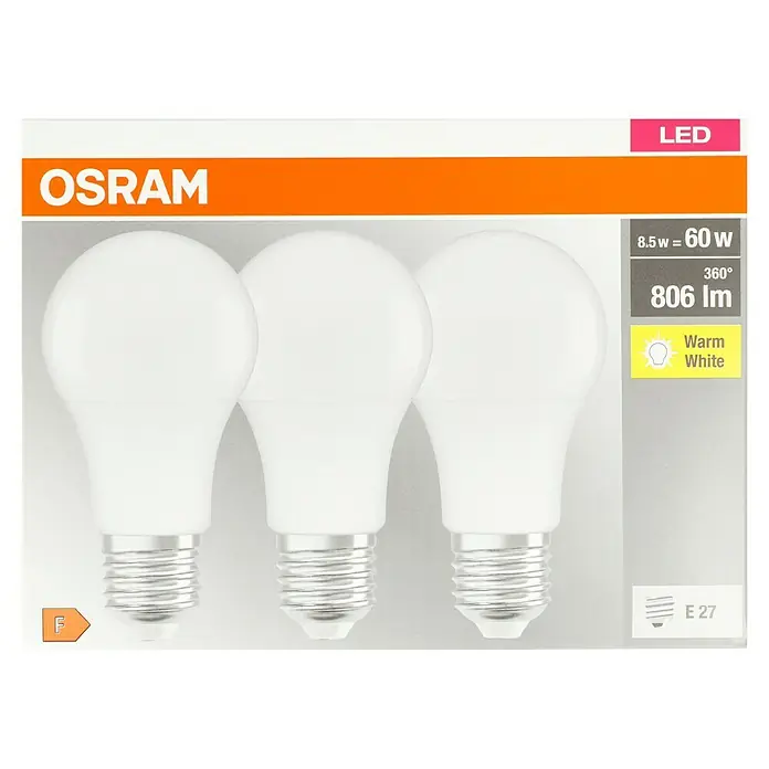 Osram LED-Lampen Set Glühlampenform E27 matt - E27, Nicht Dimmbar, Warmweiß, 806 lm, 9 W, 3 Stk. - Das Bild zeigt eine OSRAM LED Lampe mit 8.5W, die 60W entspricht und 806 Lumen erzeugt. Warmweißes Licht und E27 Sockel.