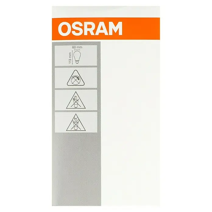 Osram LED-Lampen Set Glühlampenform E27 matt - E27, Nicht Dimmbar, Warmweiß, 806 lm, 9 W, 3 Stk. - OSRAM-Produktabbildung mit Lampenmaßen und Sicherheitswarnungen. Die Grafik zeigt wichtige Details und Hinweise für den korrekten Gebrauch.