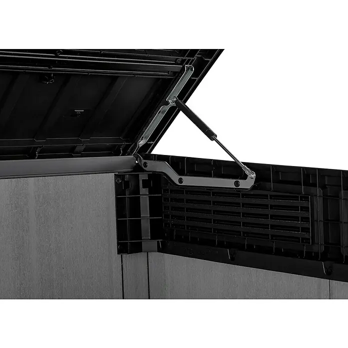 Keter Truhe Grande Store - Außenmaß inkl. Dachüberstand (B x T): 191 x 109 cm, Kunststoff, Grau, Geeignet für Anzahl Mülltonnen: 3 Stk. - Detailaufnahme einer geöffneten, schwarzen Gartenbox mit Gasdruckfeder-Mechanismus. Das Produkt ist wetterfest und bietet Stauraum.