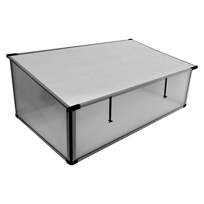 Vitavia Frühbeet Levana 2 Kiesel - 55 cm x 95 cm x 23 mm, Aluminiumfarben, Polycarbonat - Ein rechteckiger Frühbeetkasten mit transparenten Wänden und einem grauen, gerippten Deckel für den Garten.