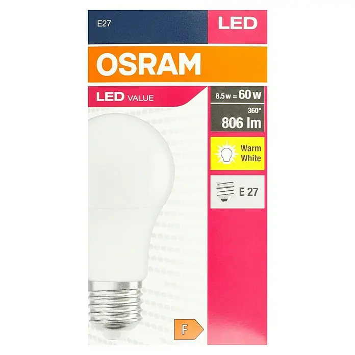 Osram LED-Lampe Glühlampenform E27 matt - E27, Nicht Dimmbar, Warmweiß, 806 lm, 8,5 W - Abbildung einer OSRAM LED-Lampe E27, 8.5W entspricht 60W, mit warmweißem Licht und einer Helligkeit von 806 Lumen, Energieeffizienzklasse F.