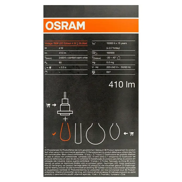 Osram LED-Lampe Vintage Edition 1906 Globe-Form E27 - E27, Nicht Dimmbar, Warmweiß, 410 lm, 4 W, Birne - Produktinformationen für eine Vintage 1906 LED Edison Glühbirne mit 4W und 35 Watt, mit technischen Details und Nutzungshinweisen.