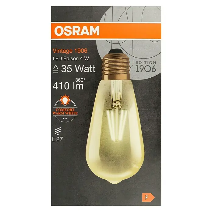 Osram LED-Lampe Vintage Edition 1906 Globe-Form E27 - E27, Nicht Dimmbar, Warmweiß, 410 lm, 4 W, Birne - Verpackung einer OSRAM Vintage 1906 LED Edison 4 W Glühbirne, die warmweißes Licht mit 410 lm erzeugt und einen E27-Sockel hat.