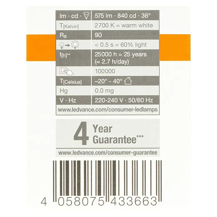 Osram LED-Lampe Reflektor GU10 - GU10, Dimmbar, Warmweiß, 575 lm, 8 W - Informationen zu LEDVANCE-Lampen: 575 lm, 2700 K warmweiß, Ra 90, lange Lebensdauer, 4 Jahre Garantie und Betriebsspannung.