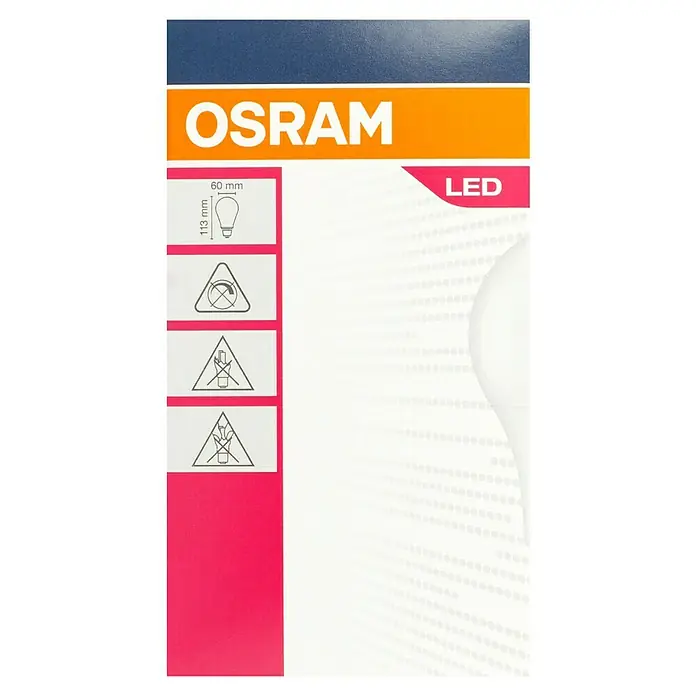 Osram LED-Lampe Glühlampenform E27 matt - E27, Nicht Dimmbar, Warmweiß, 806 lm, 8,5 W - Produktverpackung einer OSRAM LED-Lampe mit Größenangaben und Warnhinweisen auf rotem Hintergrund, daneben die Lampe.