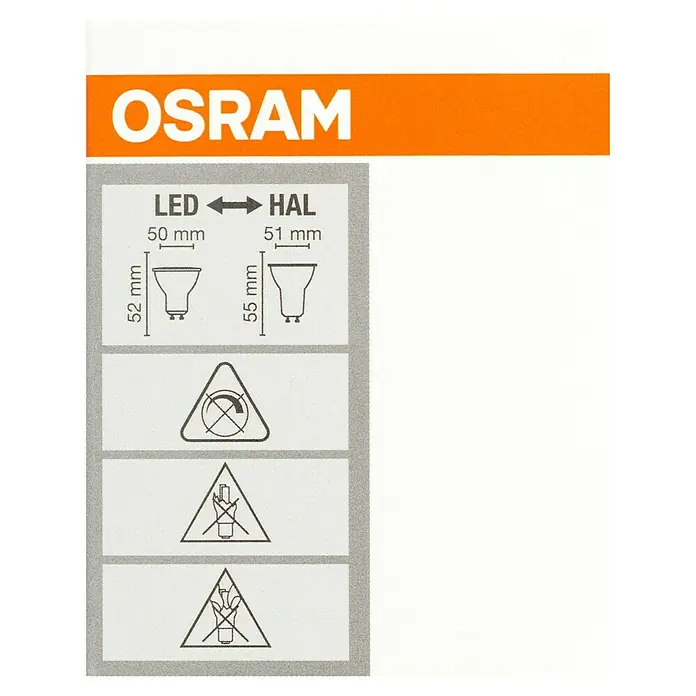 Osram LED-Lampen Set Reflektor GU10 - GU10, Nicht Dimmbar, Warmweiß, 350 lm, 4,3 W, 3 Stk. - OSRAM Produktinformationen mit LED- und HAL-Lampenabmessungen und Warnsymbolen für sachgemäße Verwendung und Entsorgung.