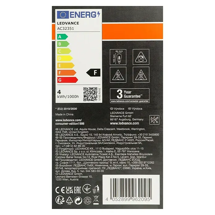 Osram LED-Lampe Vintage Edition 1906 Globe-Form E27 - E27, Nicht Dimmbar, Warmweiß, 410 lm, 4 W, Birne - Produktverpackung: LEDVANCE AC32351 Glühbirne, Energieeffizienzklasse F, 4 kWh/1000h, 3 Jahre Garantie.