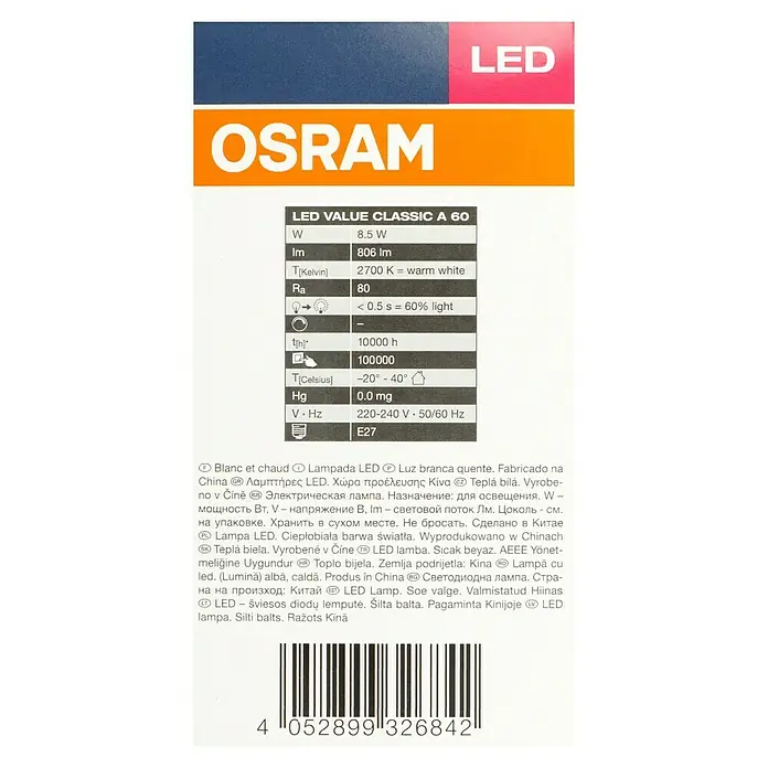 Osram LED-Lampe Glühlampenform E27 matt - E27, Nicht Dimmbar, Warmweiß, 806 lm, 8,5 W - Informationen zur OSRAM LED Value Classic A 60 Lampe: 8,5W, 806 lm, 2700 K warmweiß, 220-240 V, E27 Sockel.