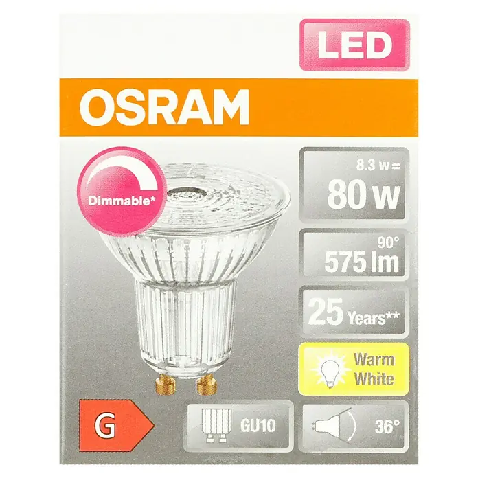 Osram LED-Lampe Reflektor GU10 - GU10, Dimmbar, Warmweiß, 575 lm, 8 W - Bild einer dimmbaren OSRAM LED Lampe mit 80W, GU10 Fassung, warmweißem Licht und einer Lebensdauer von 25 Jahren.