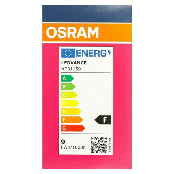Osram LED-Lampe Glühlampenform E27 matt - E27, Nicht Dimmbar, Warmweiß, 806 lm, 8,5 W - Abbildung des Energielabels einer OSRAM LEDVANCE AC31150 Lampe, Energieklasse F, Verbrauch 9 kWh/1000h.